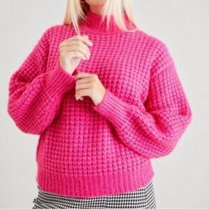 h&m basketweave hot pink knit turtleneck sweater
